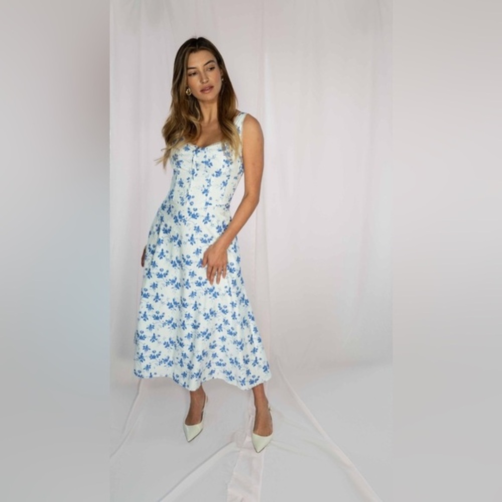 TIMELESS LONDON Elode Blue and White Midi‎ Dress